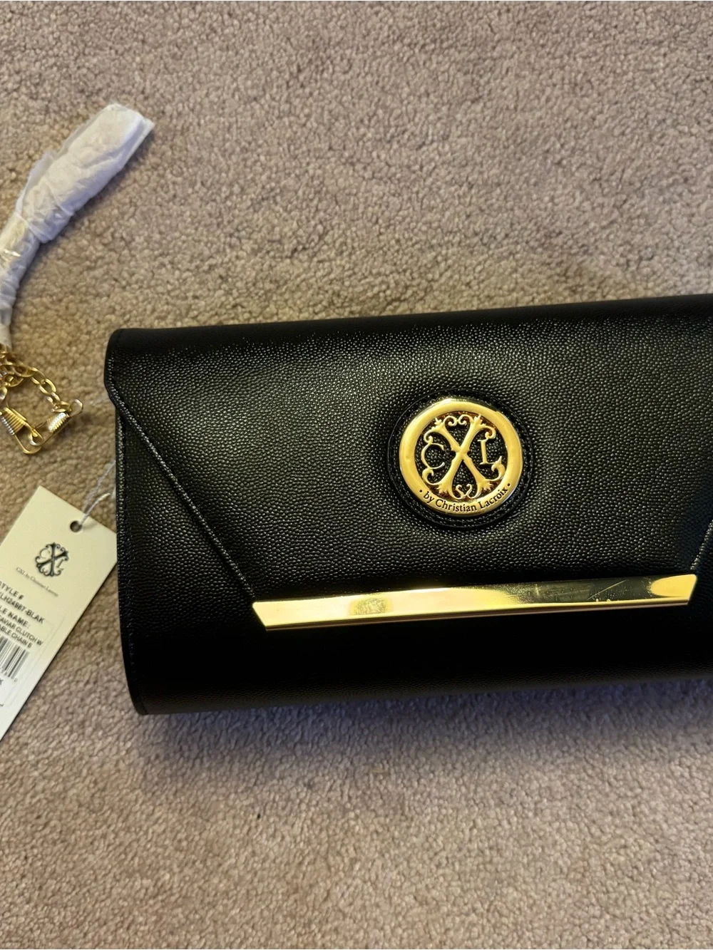 Christian Lacroix Black Leather Clutch with Gold Emblem